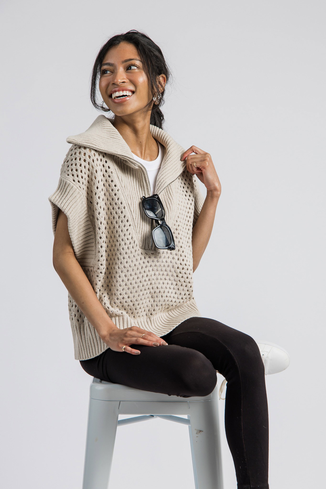 トップス 96AW STONE  HALF ZIP KNIT SWEATER Half Zip Sweater Top, Stone - Tops - The Blue Door Boutique